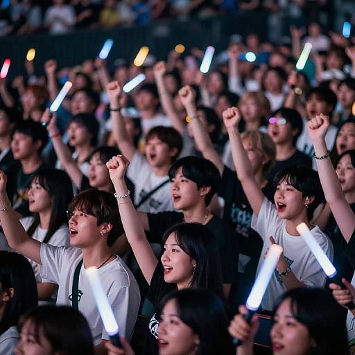 Photograph of a large, enthusiastic crowd of Asian teenagers, mostly female, raising lit glow sticks, wearing white shirts, cheering energetically at night