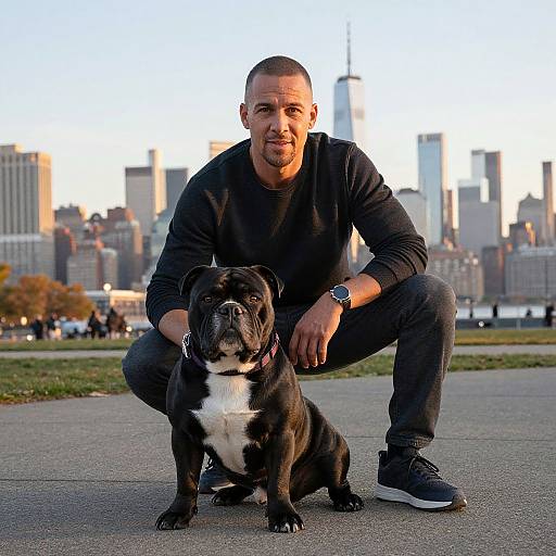 Photograph of a muscular, bald, light-skinned man in a black sweater and jeans, squatting with a black and white bulldog in a