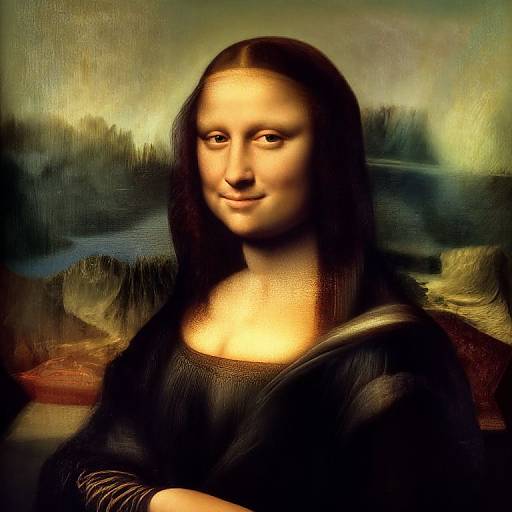 Digital artwork of Mona Lisa with modern twist, featuring a smiling, light-skinned woman with dark hair, wearing a black top, against a blurred,