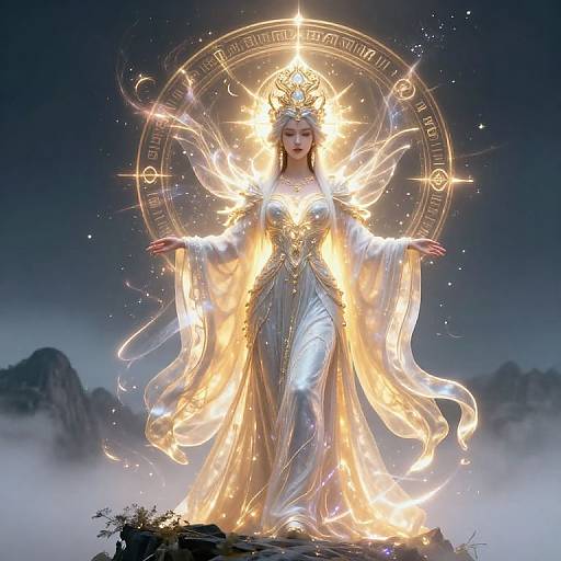 Digital painting of a glowing, ethereal woman in a golden crown and flowing white gown, standing on a rocky mountain, surrounded by celestial lights and a