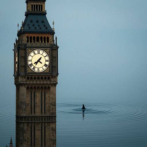 Photograph of Big Ben's clock tower on the left, with a small, solitary duck swimming in calm, blue water in the background.