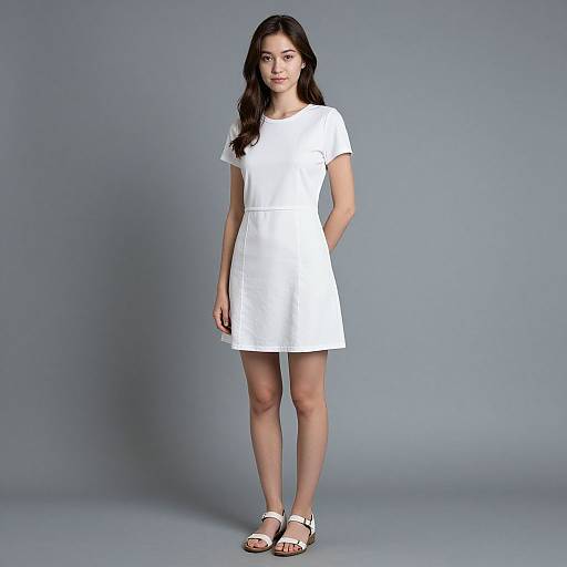 Photograph of a young woman with long dark hair, wearing a simple white short-sleeve dress and white sandals, standing against a plain gray background