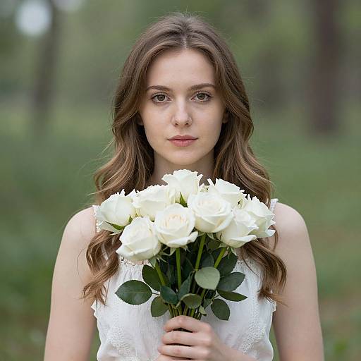 Photograph of a young woman with long brown hair, wearing a white lace dress, holding a bouquet of white roses, standing in a green forest.