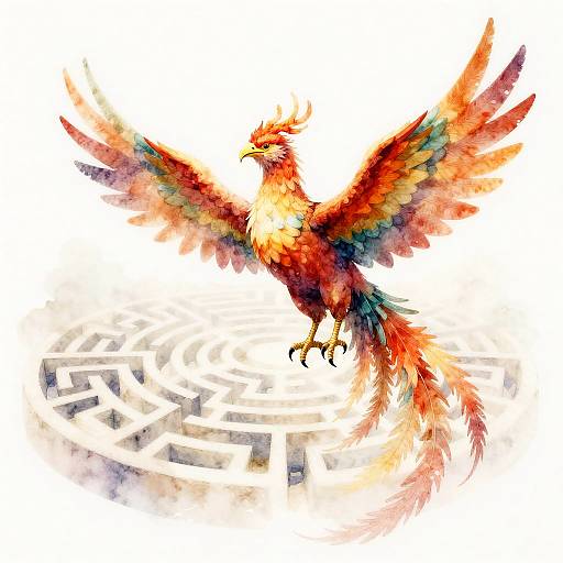 Watercolor Phoenix in Ancient Labyrinth