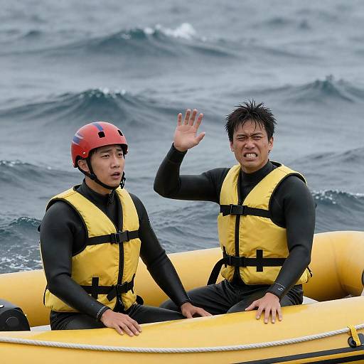 Two Men in Life Raft on Turbulent Ocean