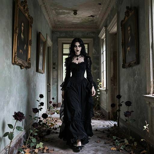 Gothic Woman in Abandoned Mansion