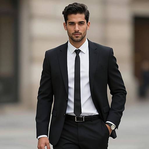 Photograph of a handsome, bearded man with dark hair, wearing a black suit, white shirt, and black tie, standing confidently in an urban
