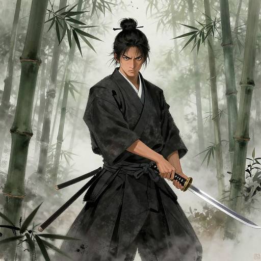 Digital anime-style drawing of a serious, black-haired samurai with a bun, holding a katana in a misty bamboo forest.
