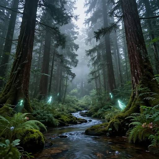 Photograph of a misty, dense redwood forest with tall trees, glowing blue lights, and a flowing stream winding through lush green ferns.