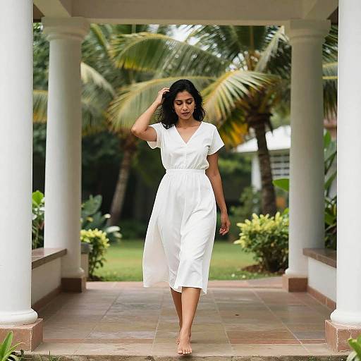 Photograph of a dark-haired woman in a white, short-sleeved, knee-length dress walking barefoot under a white-pillared porch with lush