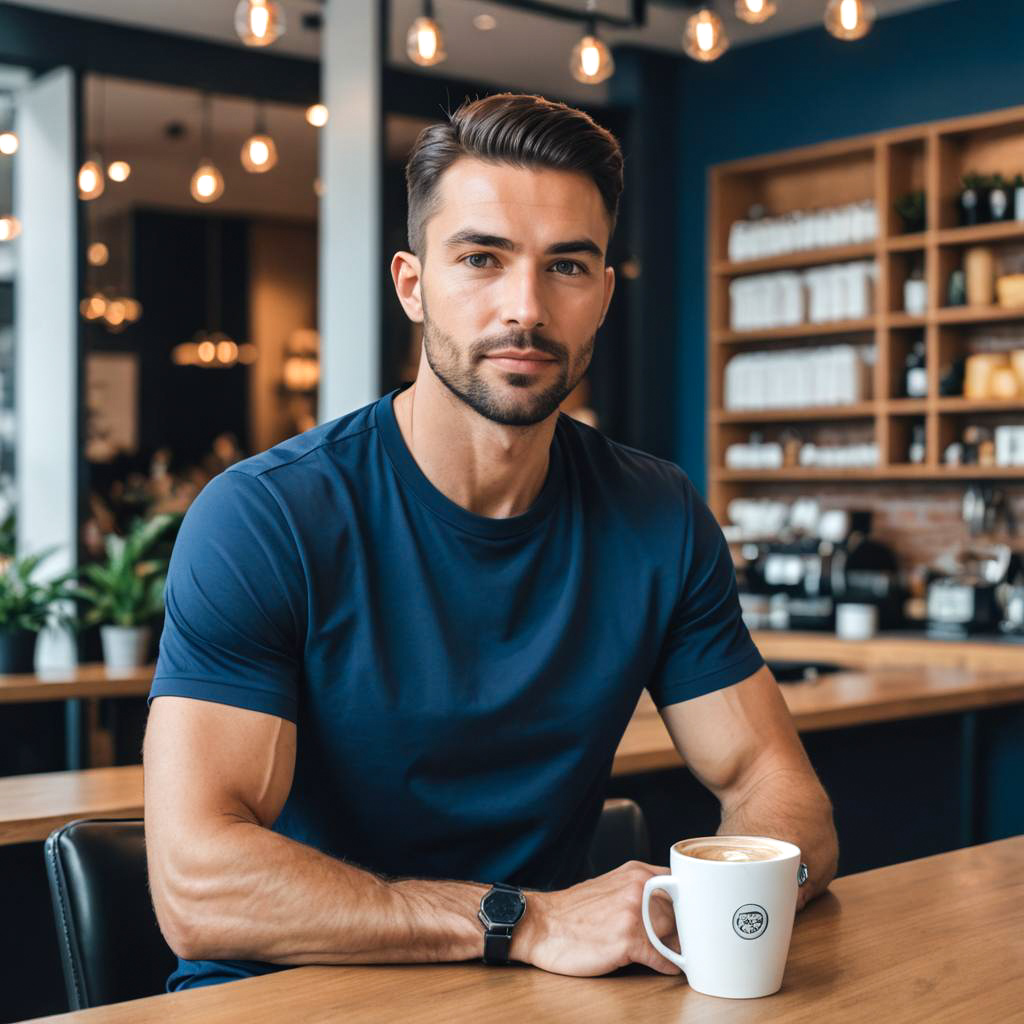 Athletic Man in Modern Coffee Shop