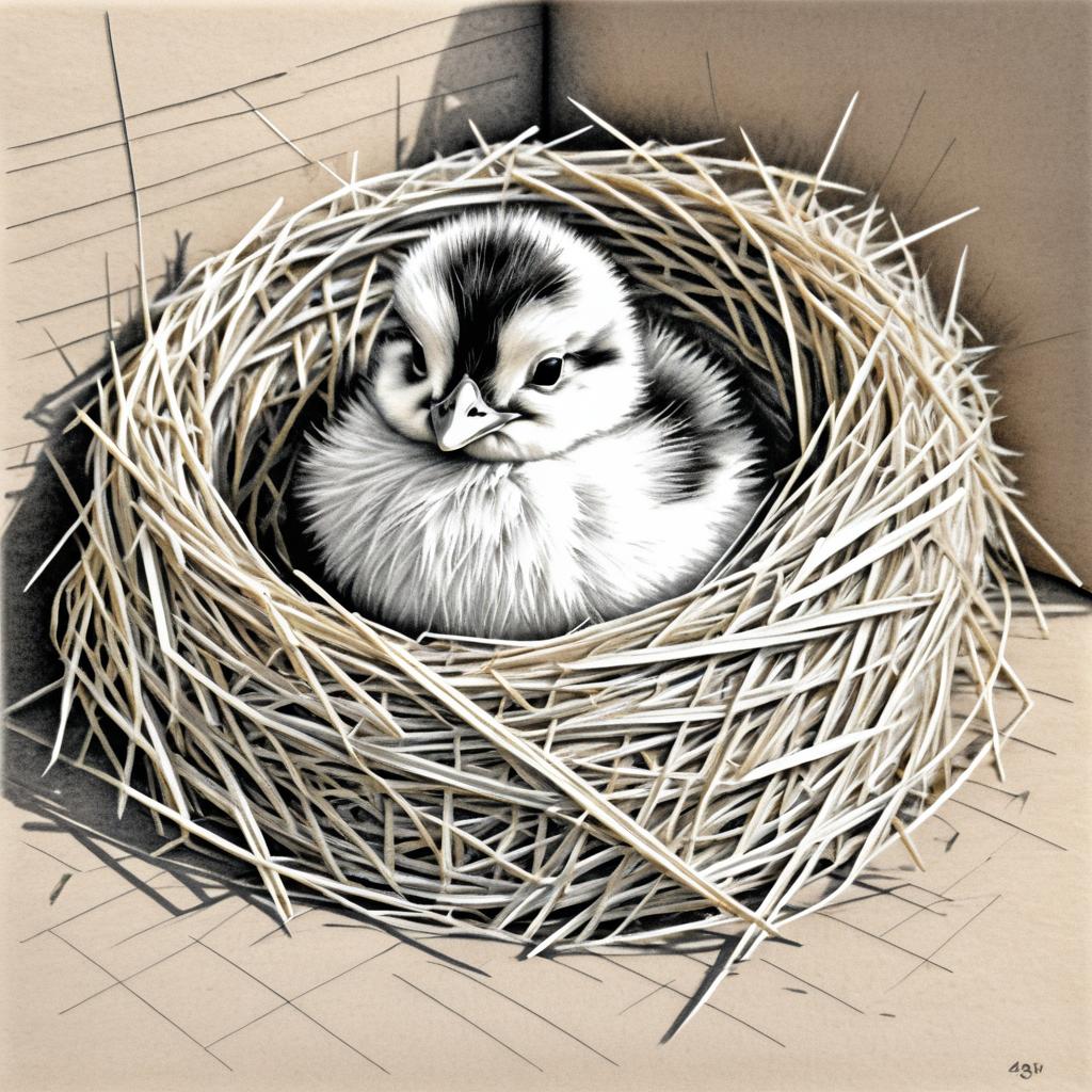 Detailed Black and White Baby Chick Sketch