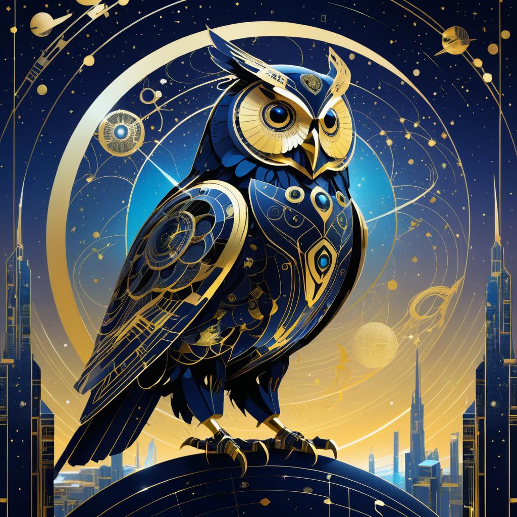 Futuristic Robotic Owl in Night Sky