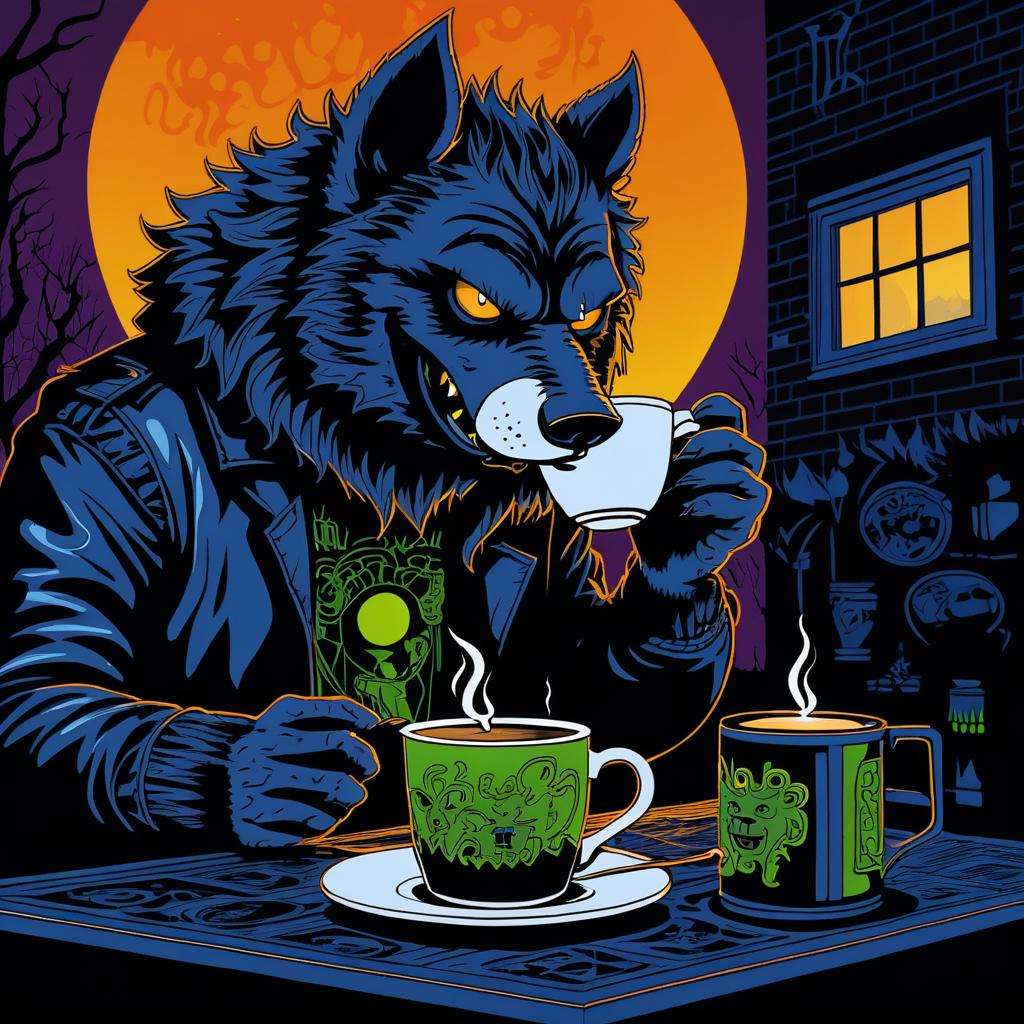 Surly Werewolf Enjoying Coffee Art