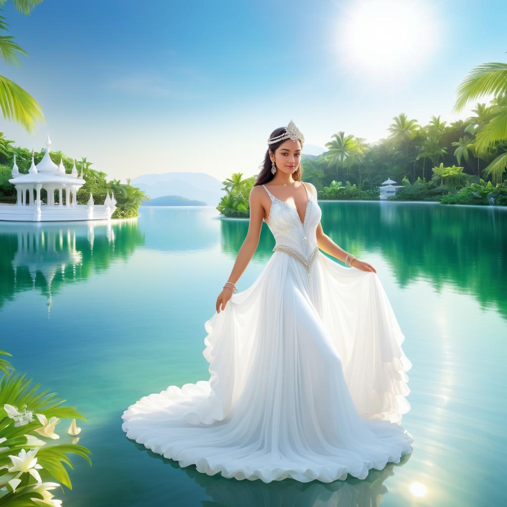 Serene Goddess in Dreamy Paradise Landscape