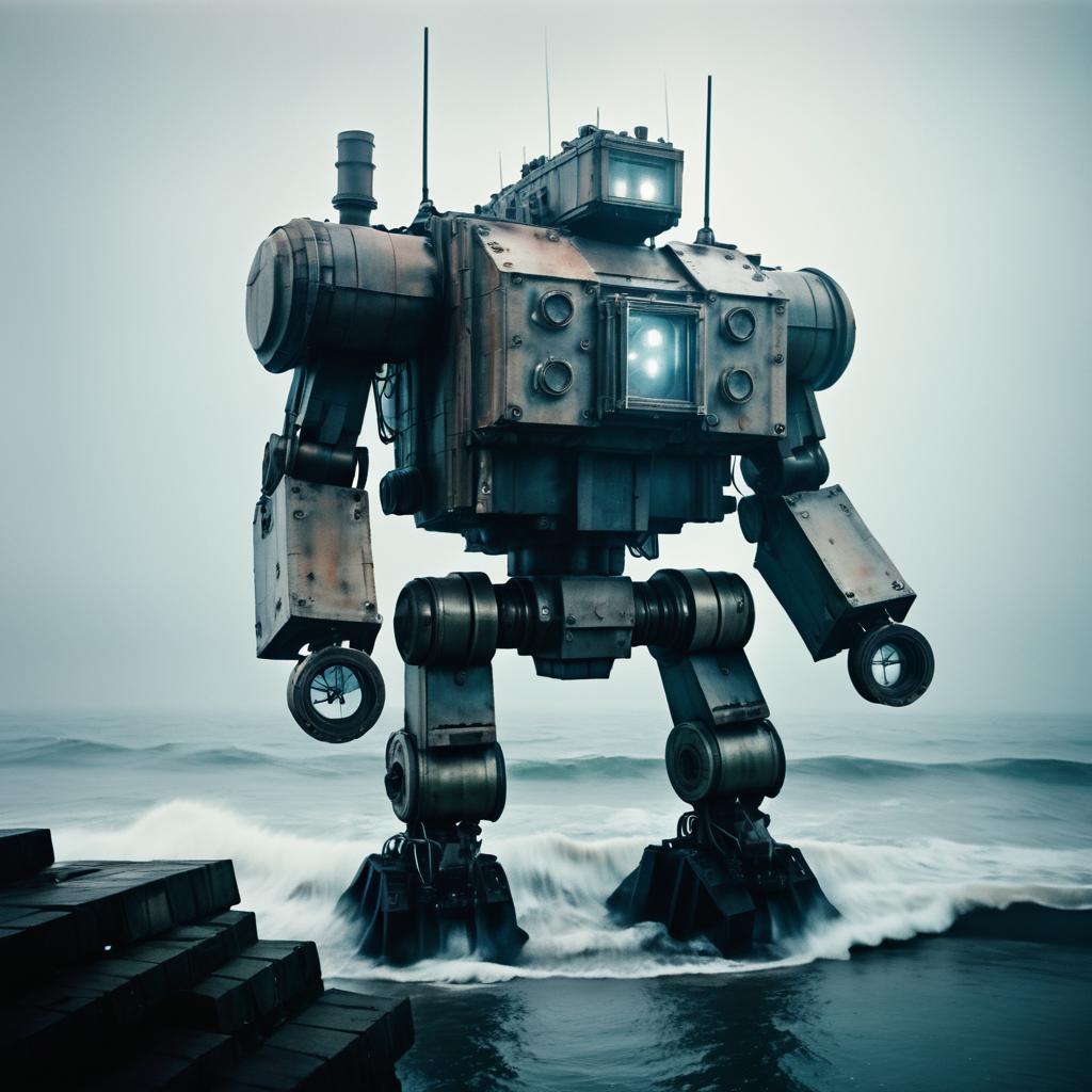 Vintage Cinematic Mech in Ocean Fog