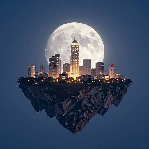 Photograph of a floating cityscape at night, illuminated by city lights, with a large full moon in the dark blue sky.