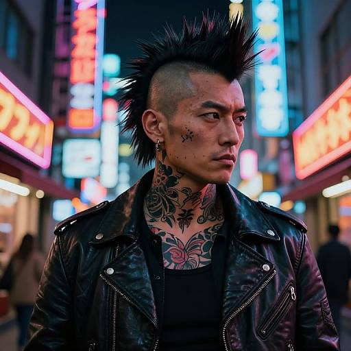 Photograph of a tattooed, punk-styled Asian man with a mohawk, black leather jacket, and butterfly neck tattoo, standing in a neon