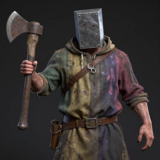 Digital artwork of a faceless figure with a metallic mask, holding a rusty axe, wearing a tattered, multi-colored robe and belt. Dark background