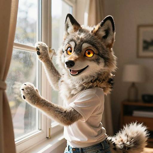 Photograph of a smiling, anthropomorphic wolf with bright orange eyes, wearing a white t-shirt and blue jeans, standing by a sunlit window,