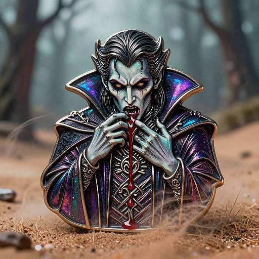 Digital art of a blue-skinned, elf-like vampire with dark, starry cloak, drinking blood from a crimson vial, in a misty