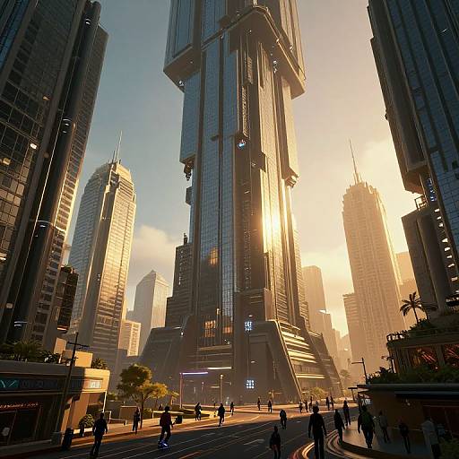 Photorealistic CGI of a futuristic cityscape at sunset, featuring towering glass skyscrapers with angular designs, illuminated by golden sunlight, and bustling with