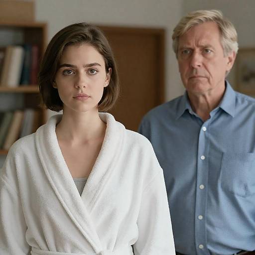 Serious Young Woman and Concerned Older Man Indoors