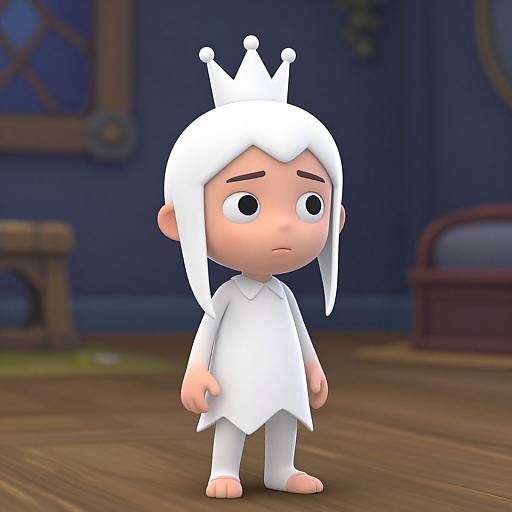 CGI cartoon of a sad, white-haired child with a crown, wearing a white tunic and pants, standing on a wooden floor. Background features