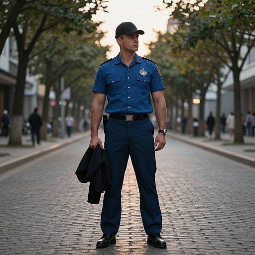Photograph of a muscular male police officer in blue uniform and black cap, standing on a cobblestone street at sunset, holding a jacket, with