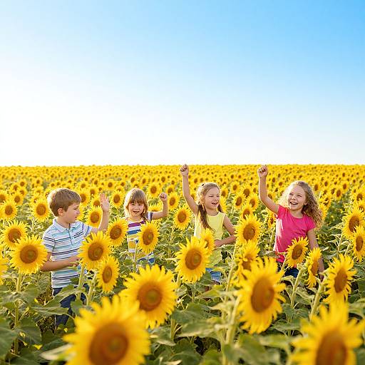 Photograph of four children laughing and playing in a vast sunflower field under a clear blue sky, with bright yellow sunflowers in the foreground.