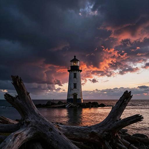 Stormy Sky Over Abandoned Lighthouse at Sunset