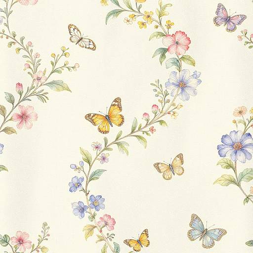 Delicate floral pattern with pink, blue, and yellow flowers, interwoven with orange and blue butterflies, on a white background. Watercolor-style