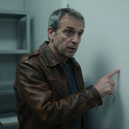 Surprised Man in Worn Leather Jacket