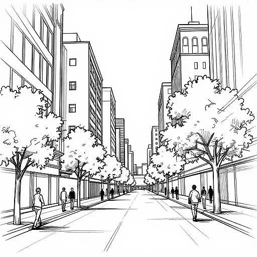 Black-and-white line drawing of a city street with tall buildings, trees, and pedestrians walking along both sides.