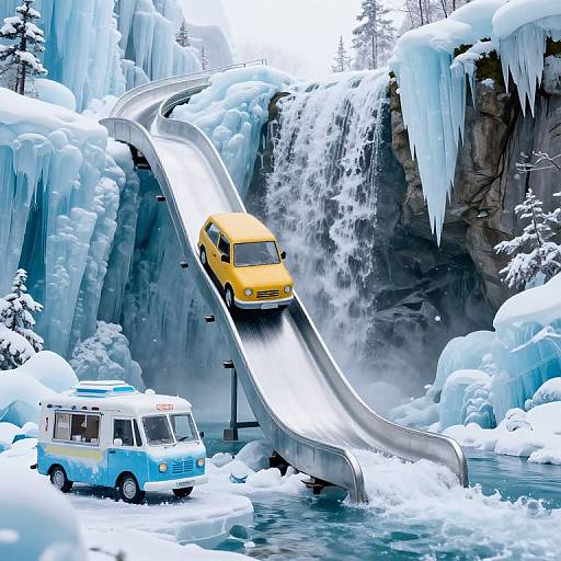 Whimsical Car Slide Waterfall Scene