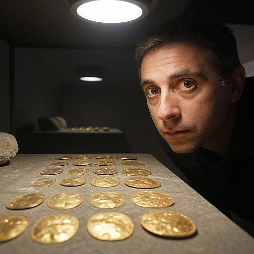 Photograph of a man with short dark hair, focused expression, leaning over a gray table with scattered gold coins in dimly lit room.