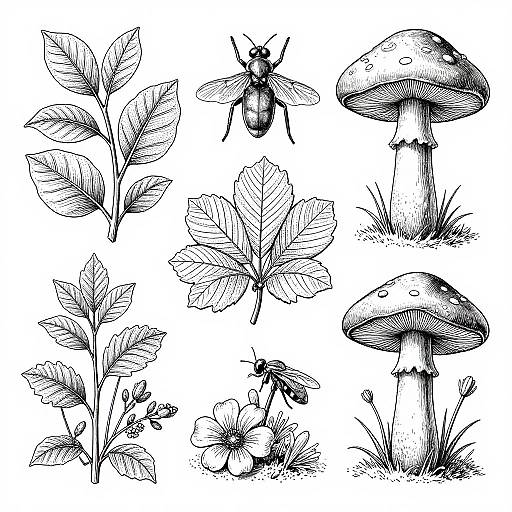 Black and white botanical and insect illustration: detailed mushrooms, leaves, and two flies, showcasing natural textures and fine line work.