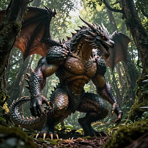 CGI fantasy scene of a muscular, black-scaled dragon with red wings and sharp claws crouching in a sunlit, dense forest.