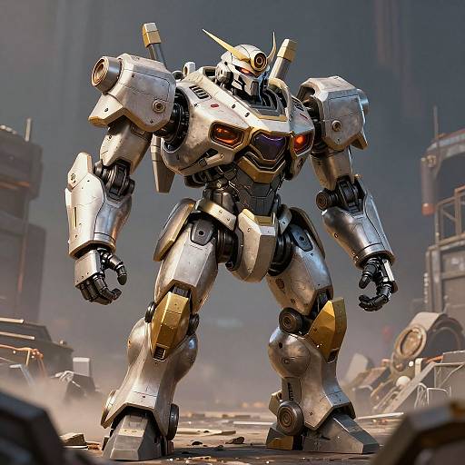 CGI image of a powerful, white and silver robotic warrior with gold accents and glowing red eyes, standing in a futuristic, industrial ruins landscape.