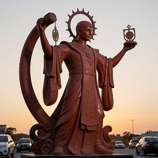 Photograph of a bronze statue of a regal figure with a halo, holding a lantern and an emblem, standing on a road with a sunset sky