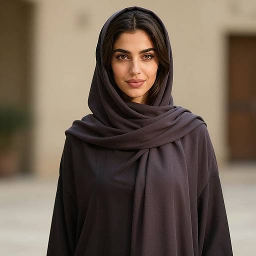 Photograph of a young woman with medium brown skin, dark brown eyes, and long black hair, wearing a black hijab and cloak, standing outdoors