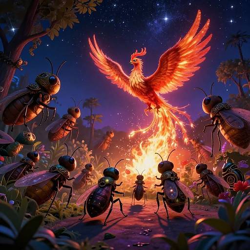 Digital artwork of anthropomorphic ants surrounding a blazing phoenix with vibrant red and orange wings, under a starry night sky.