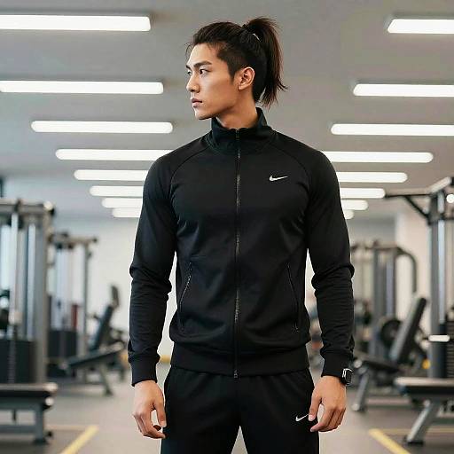 Male Athlete in High Ponytail and Tracksuit at Gym