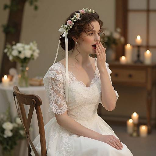 Photograph of a bride in a white lace dress, floral headpiece, and veil, sitting thoughtfully with fingers to lips, surrounded by candles in