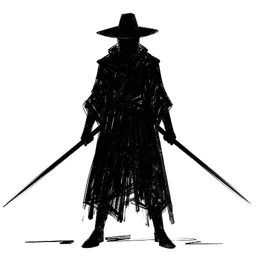 Abstract Cloaked Figure with Dual Swords