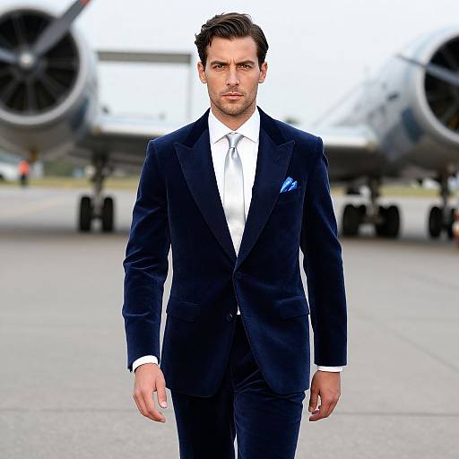 Photograph of a handsome, serious-faced man in a dark blue velvet suit, white shirt, and blue pocket square, standing on an airport tarmac