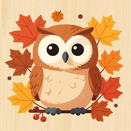 Cozy Fluffy Owl in Autumn Leaves