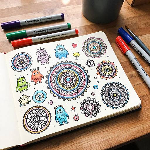 Colorful sketchbook on wooden table with vibrant markers, featuring whimsical doodles of owls, hearts, mandalas, and creatures. Bright
