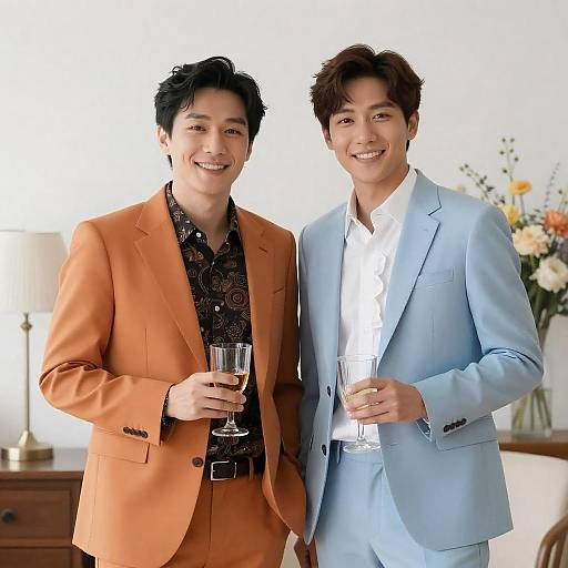 Two Men in Colorful Suits Holding Drinks