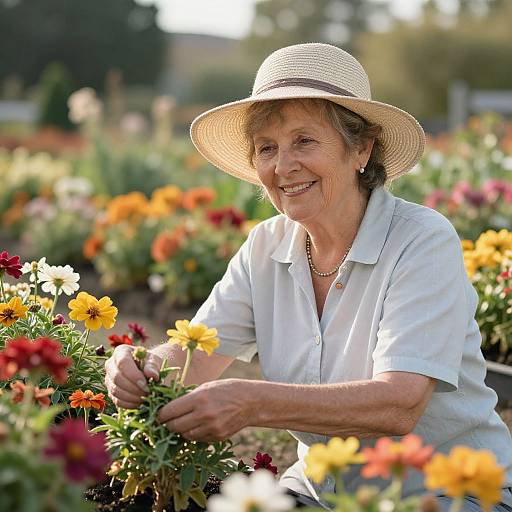Photograph of an elderly woman with a straw hat, smiling while tending vibrant orange and yellow flowers in a sunny garden.